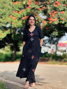 Black Floral Embroidery Pure Cotton Kurti Pant Set Of 2 - BONYHUBSALWAR KAMEEZ