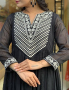 Black Stylish Thread Embroidery Cotton Anarkali Suit Set - BONYHUBSALWAR KAMEEZ