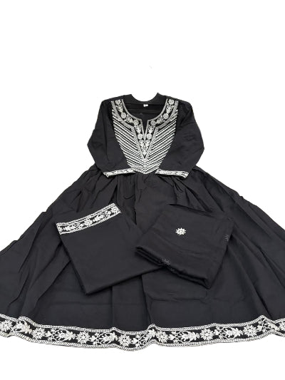 Black Stylish Thread Embroidery Cotton Anarkali Suit Set - BONYHUBSALWAR KAMEEZ