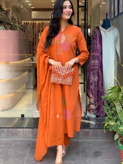 Orange Trendy Aari work Cotton Straight Suit Set - BONYHUBSALWAR KAMEEZ