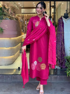 Magenta Trendy Aari work Cotton Straight Suit Set - BONYHUBSALWAR KAMEEZ