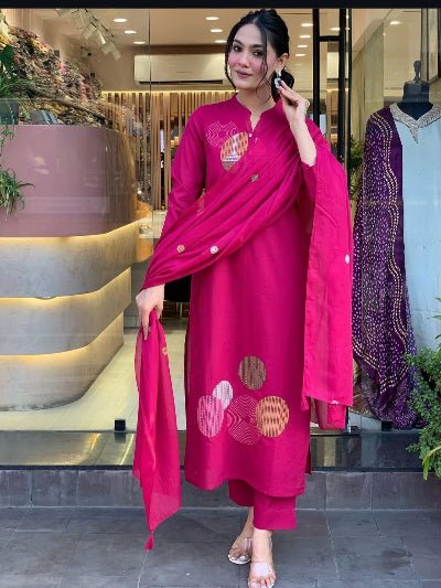 Magenta Trendy Aari work Cotton Straight Suit Set - BONYHUBSALWAR KAMEEZ