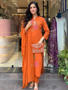 Orange Trendy Aari work Cotton Straight Suit Set - BONYHUBSALWAR KAMEEZ