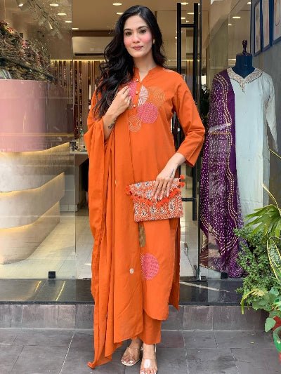 Orange Trendy Aari work Cotton Straight Suit Set - BONYHUBSALWAR KAMEEZ