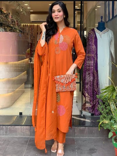 Orange Trendy Aari work Cotton Straight Suit Set - BONYHUBSALWAR KAMEEZ