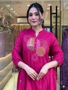 Magenta Trendy Aari work Cotton Straight Suit Set - BONYHUBSALWAR KAMEEZ