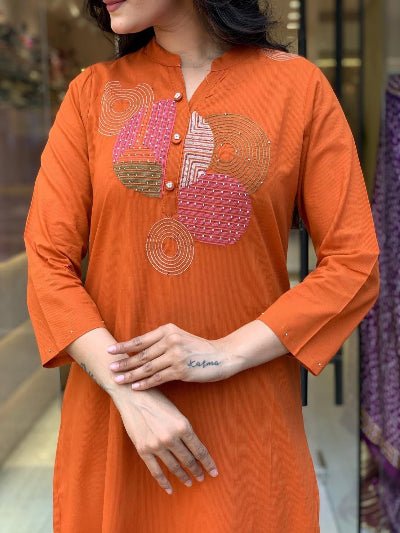 Orange Trendy Aari work Cotton Straight Suit Set - BONYHUBSALWAR KAMEEZ