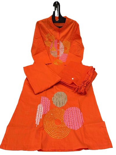 Orange Trendy Aari work Cotton Straight Suit Set - BONYHUBSALWAR KAMEEZ