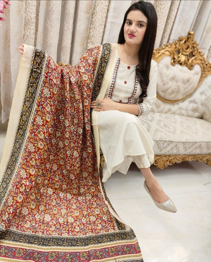 Classy White Embroidery Chanderi Silk Straight Suit Set - BONYHUBSALWAR KAMEEZ