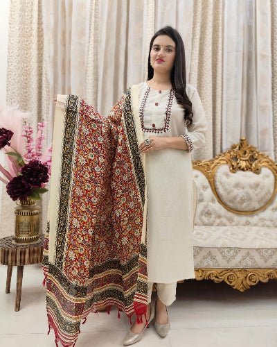 Classy White Embroidery Chanderi Silk Straight Suit Set - BONYHUBSALWAR KAMEEZ
