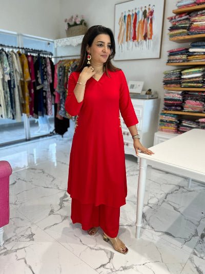 Classy Ruby Red Handwork Pure Cotton Kurti Pant Set Of 2 - BONYHUBSALWAR KAMEEZ