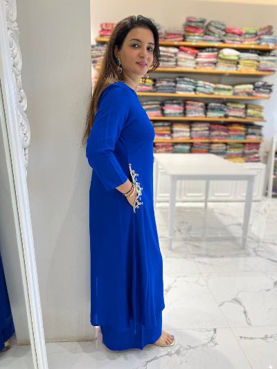 Electric Blue Handwork Pure Cotton Kurti Pant Set Of 2 - BONYHUBSALWAR KAMEEZ