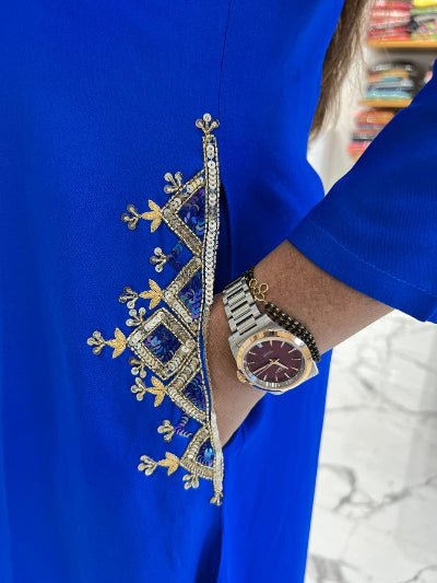 Electric Blue Handwork Pure Cotton Kurti Pant Set Of 2 - BONYHUBSALWAR KAMEEZ