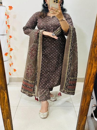 Coffee Brown Embroidery Azrak Cotton Straight Suit Set - BONYHUBSALWAR KAMEEZ