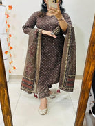 Coffee Brown Embroidery Azrak Cotton Straight Suit Set - BONYHUBSALWAR KAMEEZ