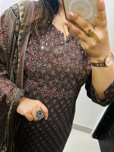 Coffee Brown Embroidery Azrak Cotton Straight Suit Set - BONYHUBSALWAR KAMEEZ