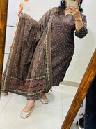 Coffee Brown Embroidery Azrak Cotton Straight Suit Set - BONYHUBSALWAR KAMEEZ