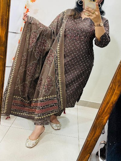 Coffee Brown Embroidery Azrak Cotton Straight Suit Set - BONYHUBSALWAR KAMEEZ