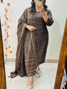 Coffee Brown Embroidery Azrak Cotton Straight Suit Set - BONYHUBSALWAR KAMEEZ