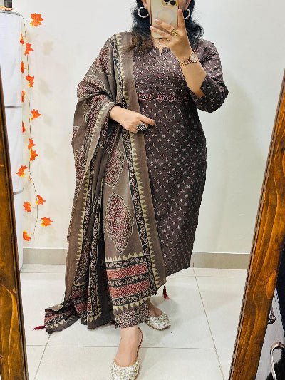Coffee Brown Embroidery Azrak Cotton Straight Suit Set - BONYHUBSALWAR KAMEEZ