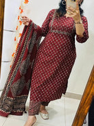 Rusty Red Embroidery Azrak Cotton Straight Suit Set - BONYHUBSALWAR KAMEEZ