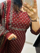 Rusty Red Embroidery Azrak Cotton Straight Suit Set - BONYHUBSALWAR KAMEEZ