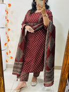 Rusty Red Embroidery Azrak Cotton Straight Suit Set - BONYHUBSALWAR KAMEEZ