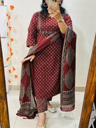 Rusty Red Embroidery Azrak Cotton Straight Suit Set - BONYHUBSALWAR KAMEEZ