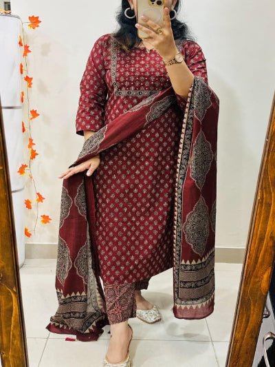 Rusty Red Embroidery Azrak Cotton Straight Suit Set - BONYHUBSALWAR KAMEEZ