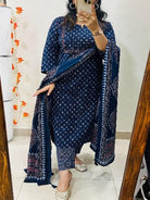 Indigo Embroidery Azrak Cotton Straight Suit Set - BONYHUBSALWAR KAMEEZ