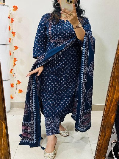 Indigo Embroidery Azrak Cotton Straight Suit Set - BONYHUBSALWAR KAMEEZ