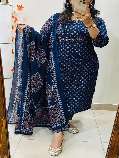 Indigo Embroidery Azrak Cotton Straight Suit Set - BONYHUBSALWAR KAMEEZ