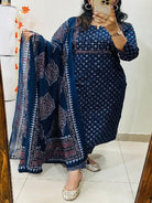 Indigo Embroidery Azrak Cotton Straight Suit Set - BONYHUBSALWAR KAMEEZ
