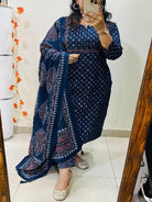 Indigo Embroidery Azrak Cotton Straight Suit Set - BONYHUBSALWAR KAMEEZ