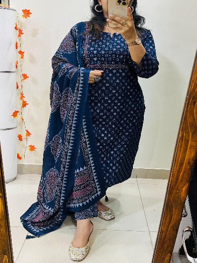 Indigo Embroidery Azrak Cotton Straight Suit Set - BONYHUBSALWAR KAMEEZ
