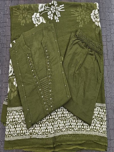 Olive Green Hand Work Cotton Straight Suit Set - BONYHUBSALWAR KAMEEZ