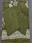Olive Green Hand Work Cotton Straight Suit Set - BONYHUBSALWAR KAMEEZ