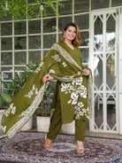 Olive Green Hand Work Cotton Straight Suit Set - BONYHUBSALWAR KAMEEZ