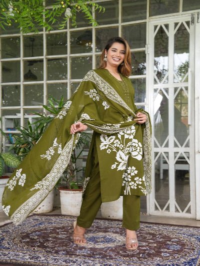 Olive Green Hand Work Cotton Straight Suit Set - BONYHUBSALWAR KAMEEZ