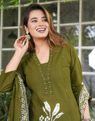 Olive Green Hand Work Cotton Straight Suit Set - BONYHUBSALWAR KAMEEZ