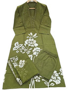Olive Green Hand Work Cotton Straight Suit Set - BONYHUBSALWAR KAMEEZ