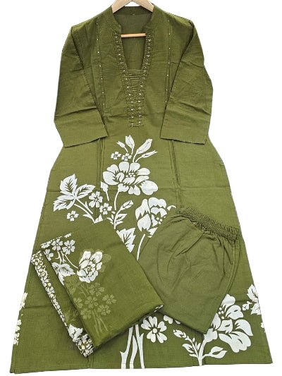 Olive Green Hand Work Cotton Straight Suit Set - BONYHUBSALWAR KAMEEZ