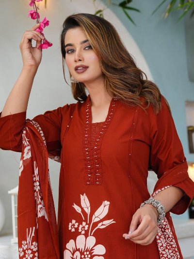 Burnt Orange Handwork Cotton Straight Suit Set - BONYHUBSALWAR KAMEEZ