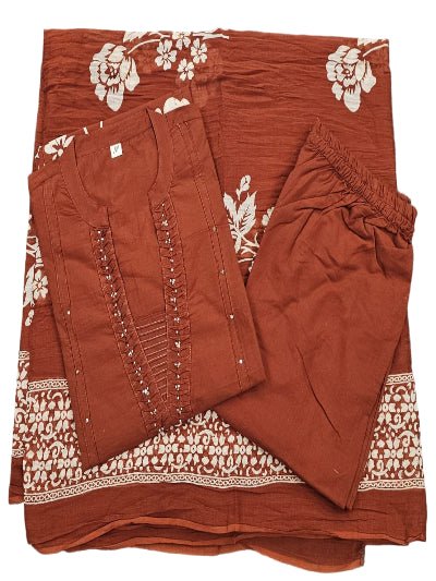 Burnt Orange Handwork Cotton Straight Suit Set - BONYHUBSALWAR KAMEEZ