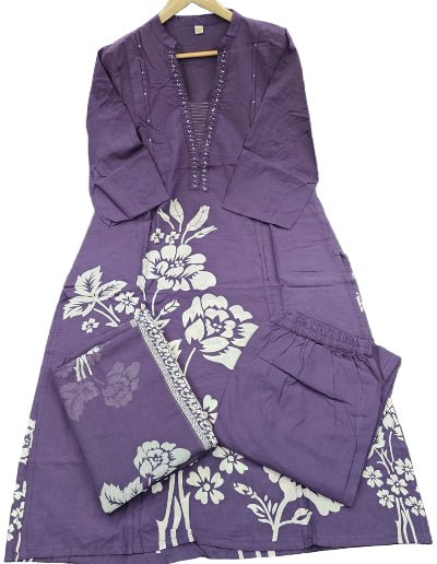 Dusty Purple Handwork Cotton Straight Suit Set - BONYHUBSALWAR KAMEEZ