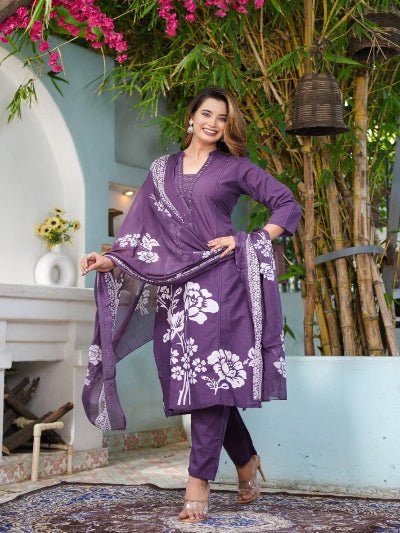 Dusty Purple Handwork Cotton Straight Suit Set - BONYHUBSALWAR KAMEEZ