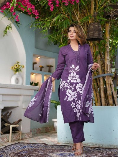 Dusty Purple Handwork Cotton Straight Suit Set - BONYHUBSALWAR KAMEEZ