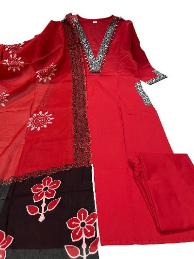Red Printed Pure Cotton Straight Suit With Malmal Dupatta - BONYHUBSALWAR KAMEEZ
