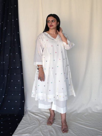 White Pure Cotton Anarkali Kurti Pant Set Of 2 - BONYHUBSALWAR KAMEEZ