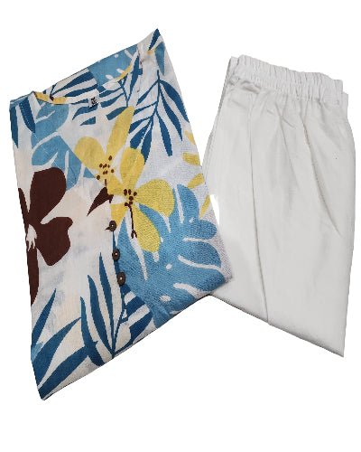 White Tropical Printed Kurti Pant Set Of 2 - BONYHUBSALWAR KAMEEZ